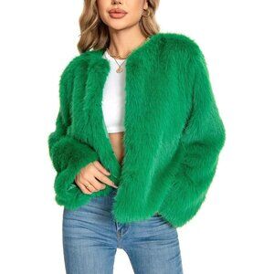 Women's Faux Fuzzy Jacket Fluffy Long Sleeve Winter Coat with Pockets Green
